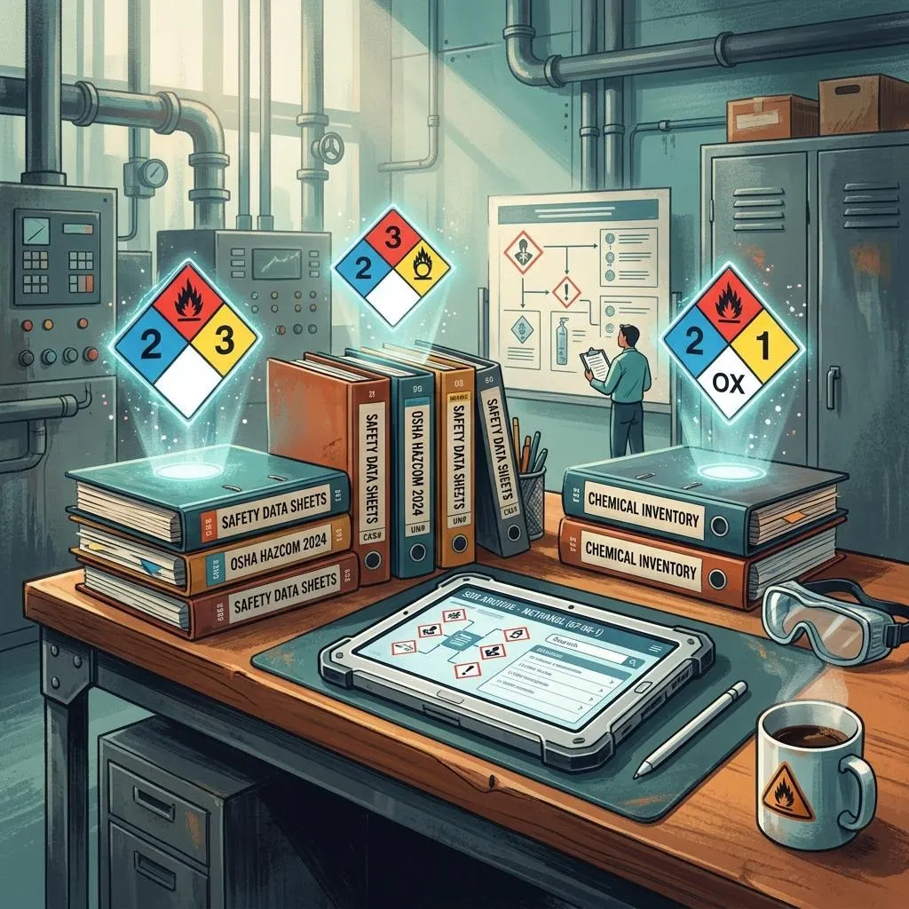 Editorial illustration of a safety manager reviewing chemical documentation
