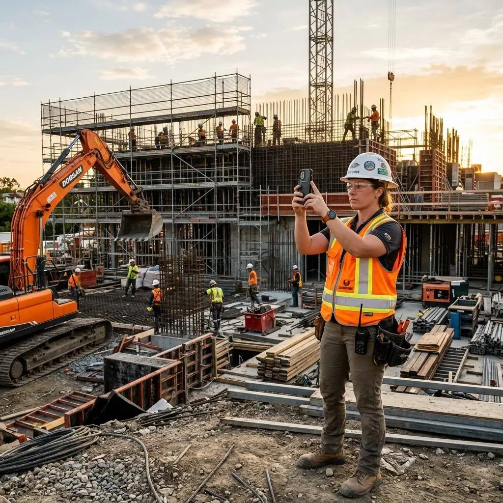 Supervisor walking an active construction site photographing an unguarded floor edge, stacked material, and overhead crane load with a smartphone