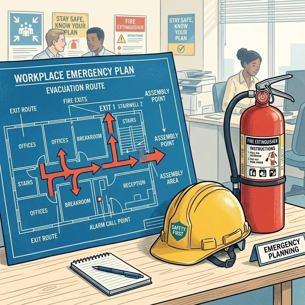 Editorial illustration of emergency planning and evacuation routes