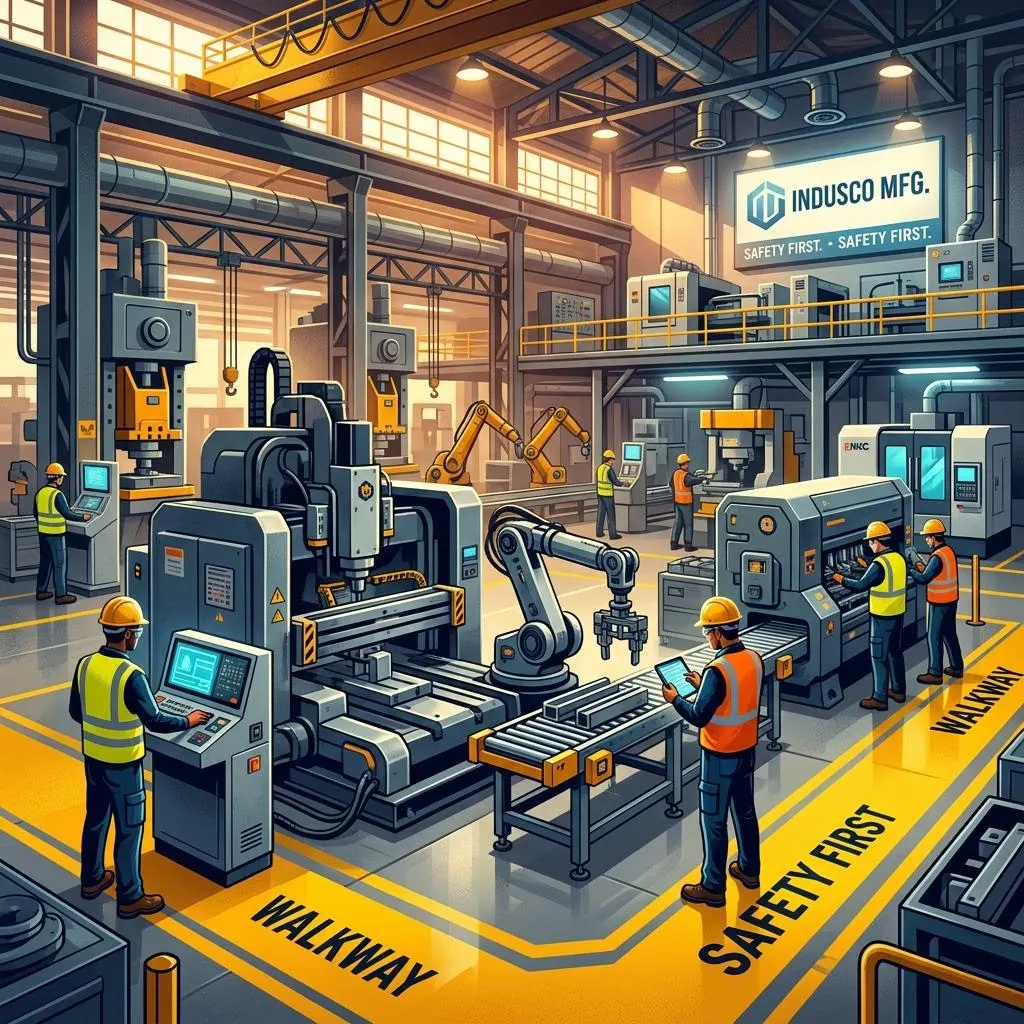 Editorial illustration of industrial operations and workplace safety