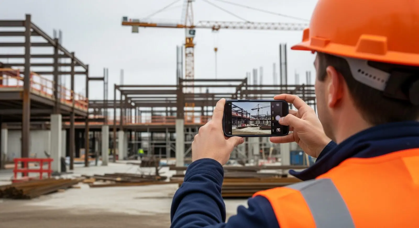 Safety manager reviewing an AI-generated inspection report on a tablet at an industrial worksite