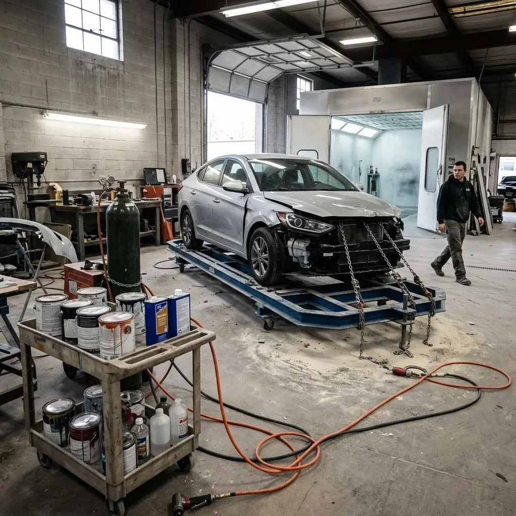 Auto body shop with a car on a frame rack held by pulling chains, a spray booth, paint and solvent cans on an open cart, a welding cylinder nearby, and air hoses across the floor — checked by AI hazard detection