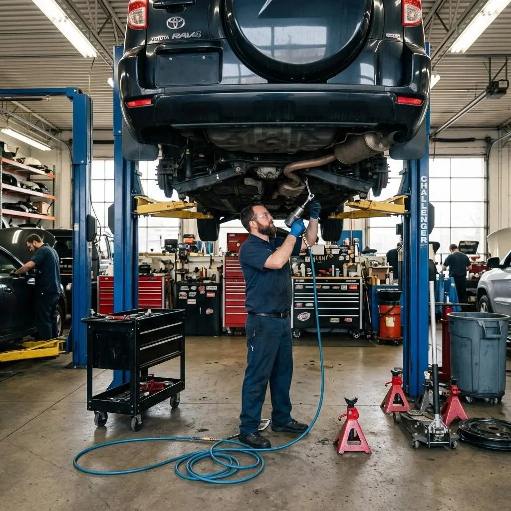 Auto repair shop lift bay with a technician under a raised SUV, checked by AI hazard detection