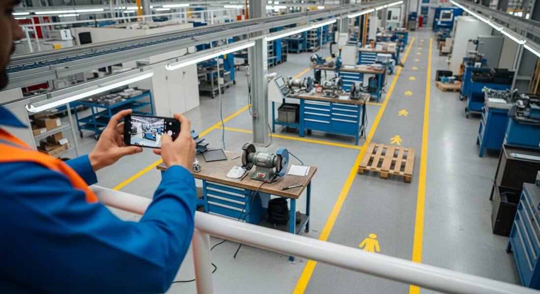 Supervisor on a mezzanine photographing a manufacturing floor for computer vision safety analysis — a pallet in the pedestrian aisle and a trailing power cord below