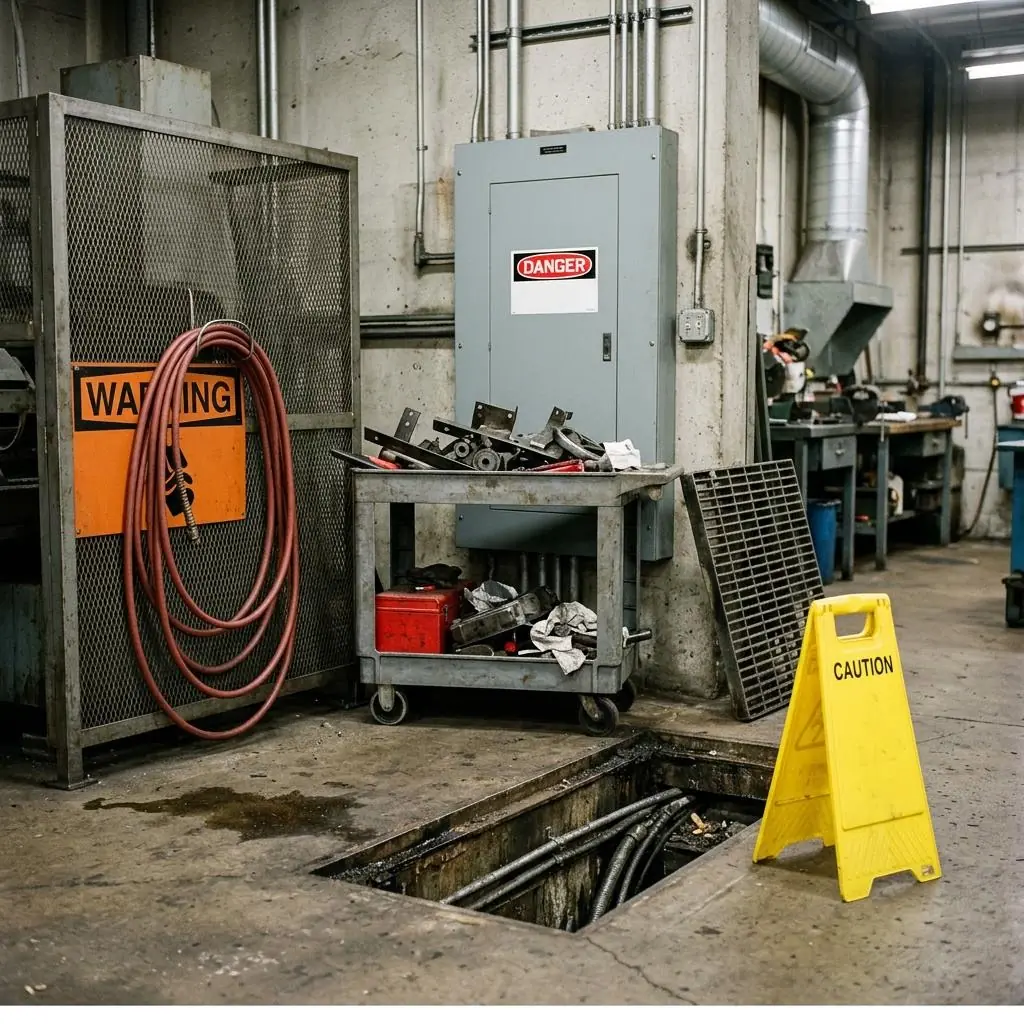 Maintenance shop with an open floor trench beside a yellow caution floor stand, a utility cart parked in front of an electrical panel with a danger label, and an orange warning sign partly covered by a coiled air hose
