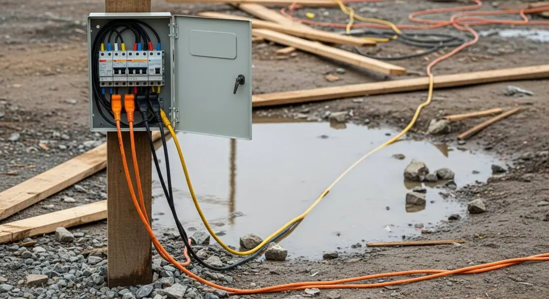 Temporary power panel with extension cords trailing near a puddle — electrical hazards flagged from a job-site photo