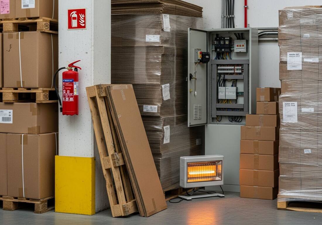 Warehouse corner where wooden pallets and sheet materials lean in front of a mounted fire extinguisher while stacked cardboard sits against an open electrical panel with a portable space heater glowing between the combustible piles