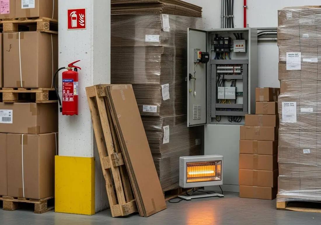 Warehouse corner where wooden pallets and sheet materials lean in front of a mounted fire extinguisher while stacked cardboard sits against an open electrical panel with a portable space heater glowing between the combustible piles