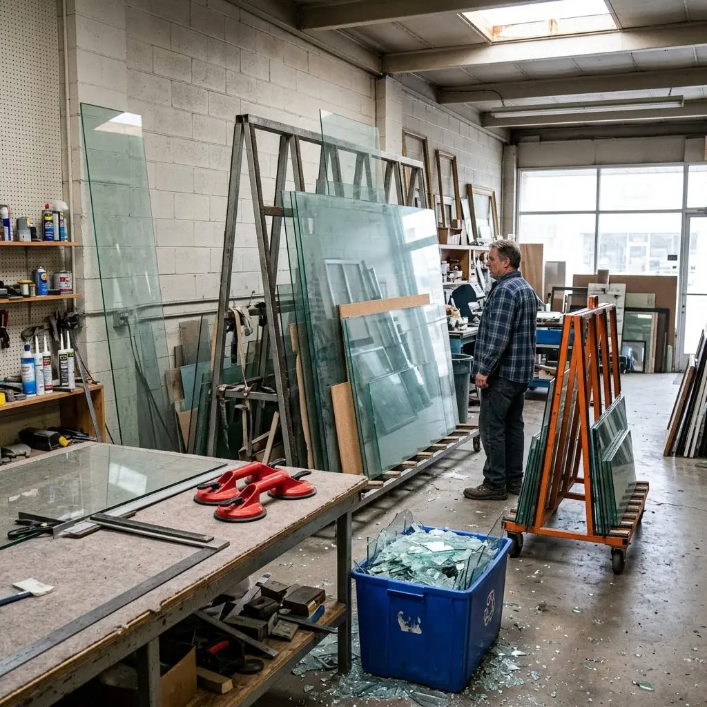 Glass and glazing shop with glass sheets on an A-frame rack, a sheet leaning on the wall, a cutting table, a glass cart near the aisle, and an overfilled cullet bin with broken glass on the floor — checked by AI hazard detection