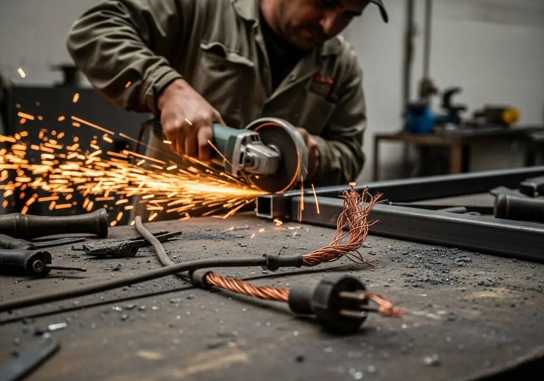 Worker cutting metal with an angle grinder while a power cord with exposed copper conductors lies on the workbench