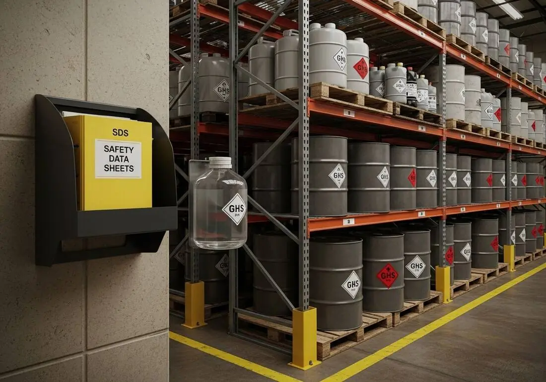 Warehouse chemical storage rack with GHS-labeled drums and a wall-mounted SDS station — hazard communication compliance checked from a photo