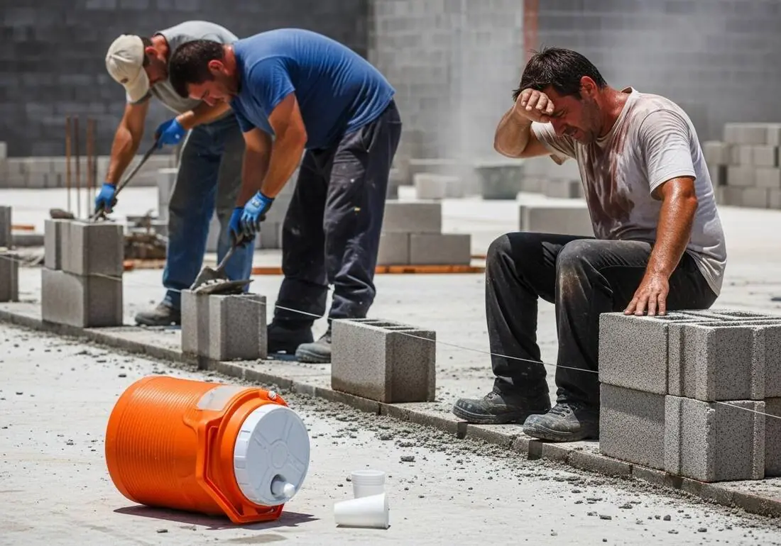 Masons laying block in direct summer sun, one worker wiping his forehead in exhaustion beside a tipped-over empty water cooler — visible heat stress warning signs