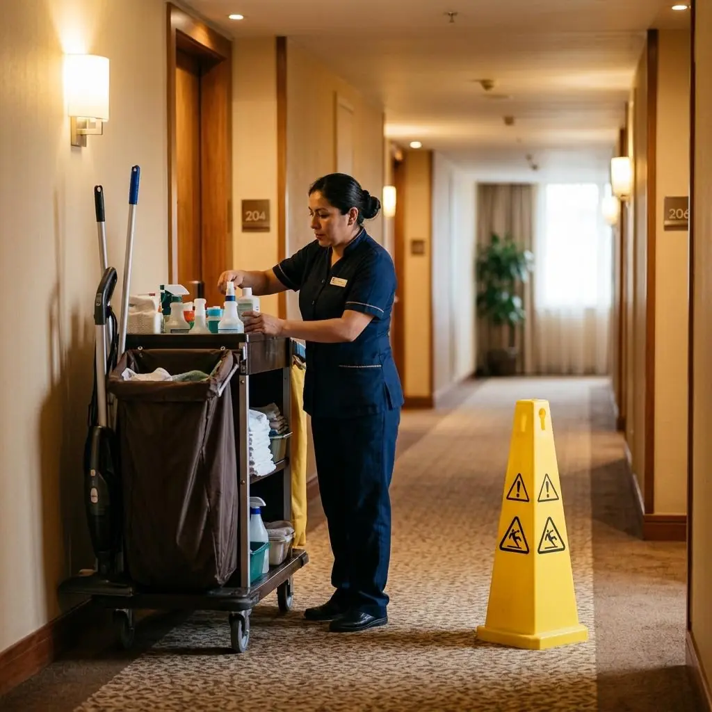 Hotel corridor and housekeeping area reviewed for occupational safety hazards by AI