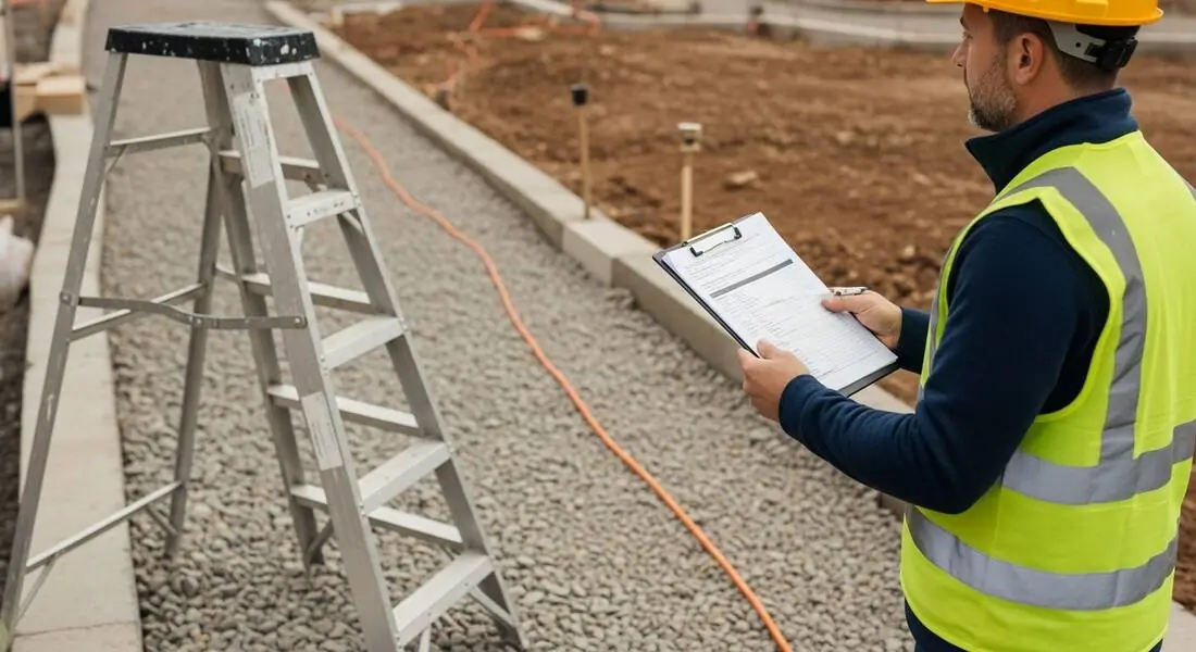 Supervisor holding a job hazard analysis worksheet on a clipboard while behind him a stepladder stands on uneven gravel and an extension cord crosses the walkway