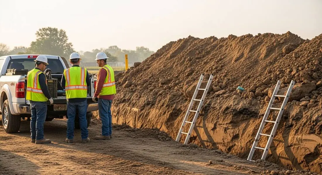 Construction crew in a pre-task safety huddle beside a pickup truck while an open trench behind them has a spoil pile right at its edge
