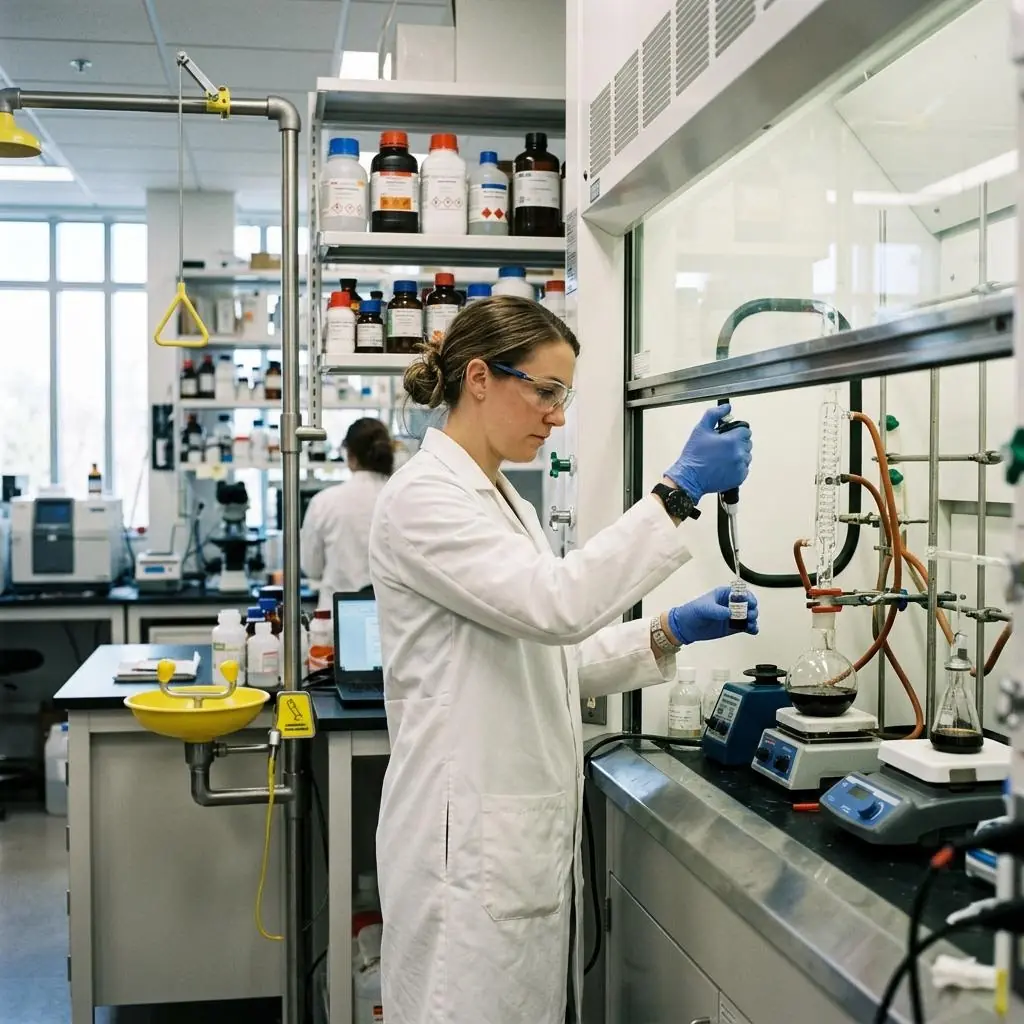 Laboratory bench area with fume hood and chemical storage reviewed for safety hazards by AI