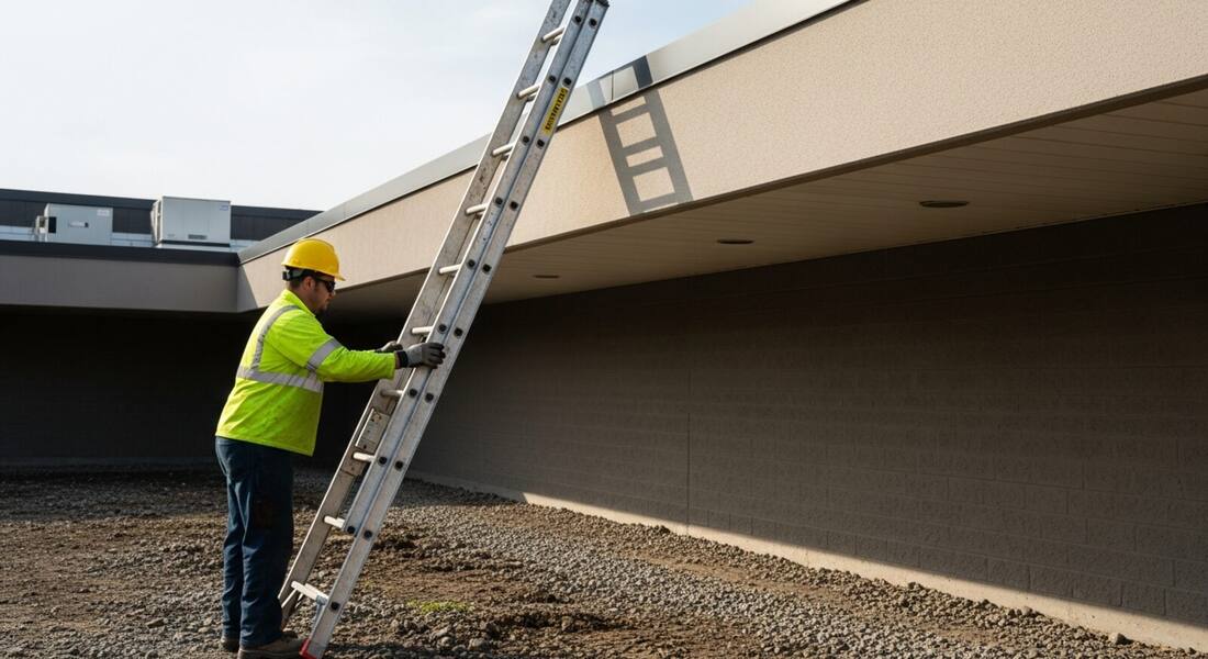 Extension ladder leaned against a roof edge with a worker steadying the base