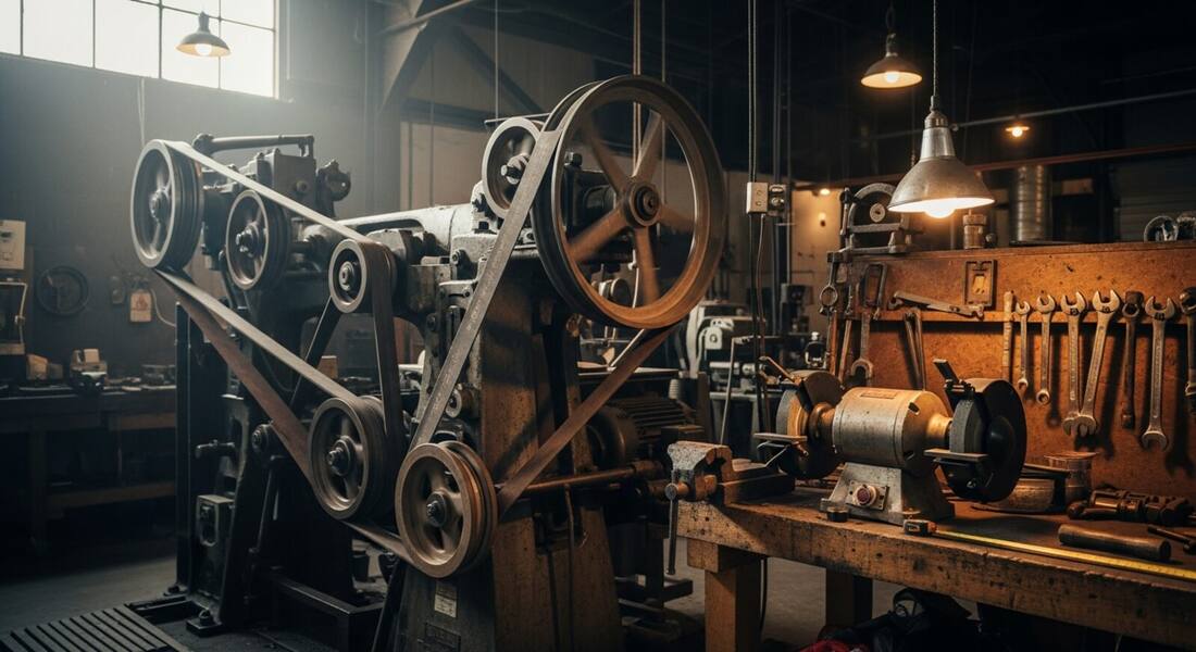 Belt-driven workshop machine with an exposed belt and pulley