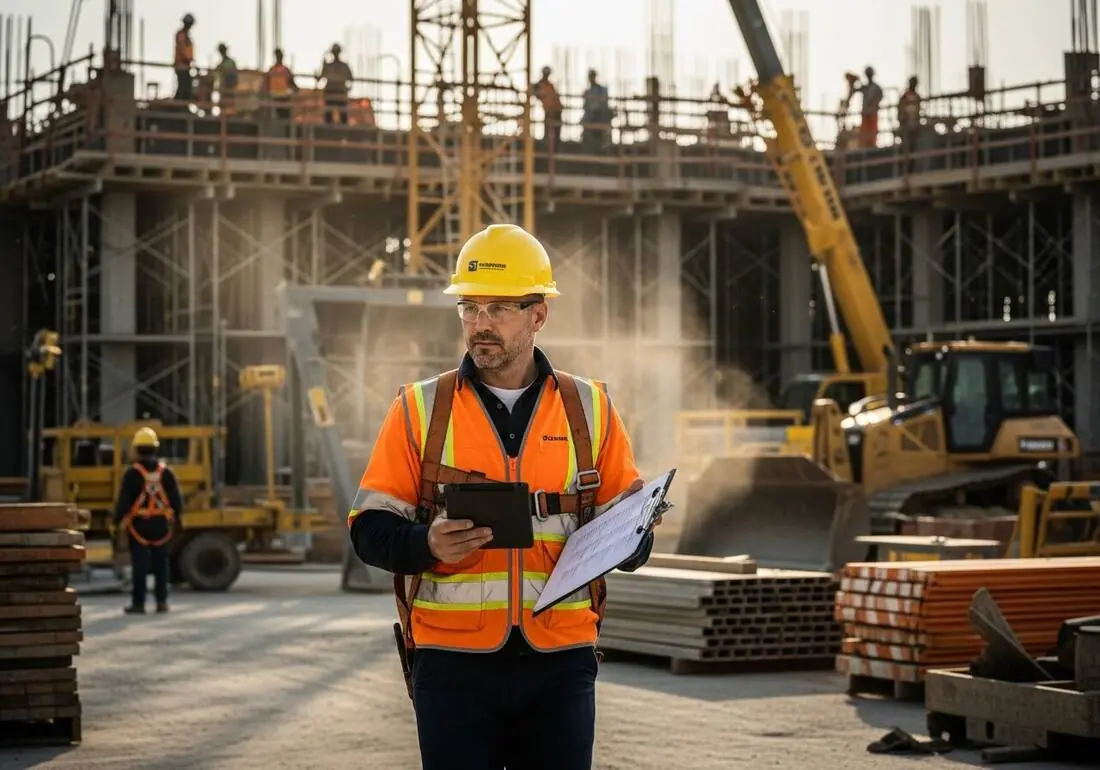 Safety supervisor with a tablet and paper checklist walking an active construction site with elevated formwork decks and a crane in the background