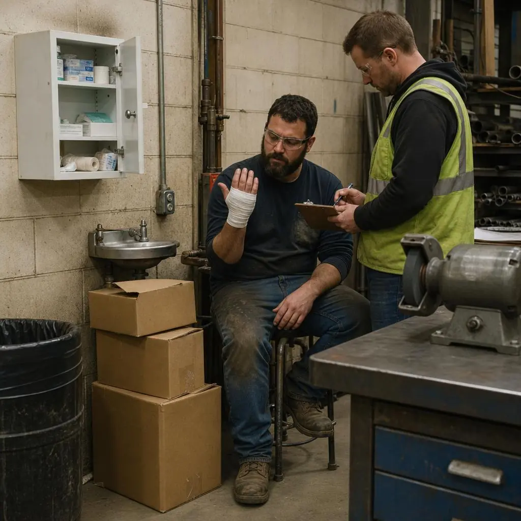 Supervisor with a clipboard documenting a worker's bandaged hand injury in a shop beside a bench grinder, an open first-aid cabinet, and boxes stacked in front of a hand sink