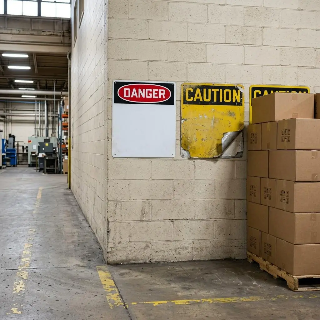Warehouse wall with a danger sign that has a blank message panel, a faded caution sign peeling off at one corner, and a third safety sign hidden behind a pallet of stacked boxes