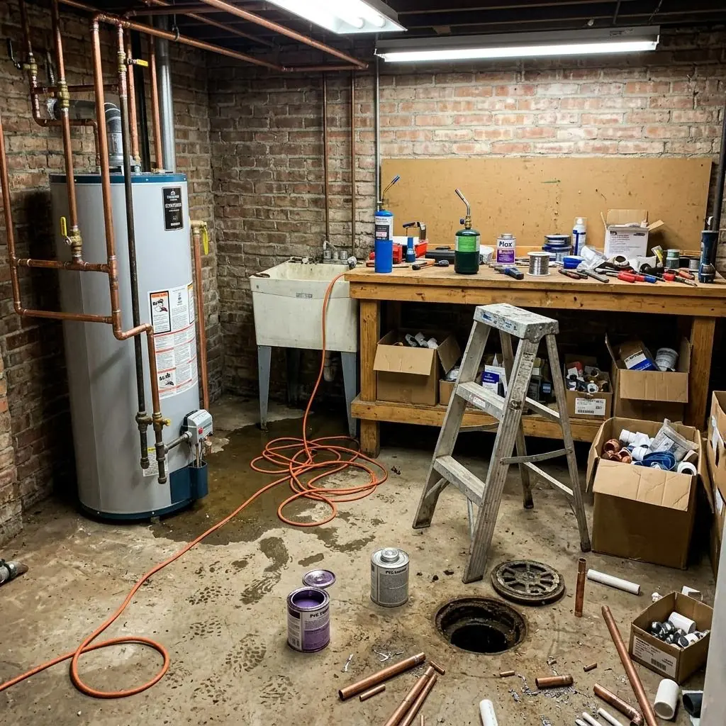 Plumbing job in a basement with a water heater, an orange extension cord on a wet floor, an open floor drain, and a cluttered workbench — checked by AI hazard detection