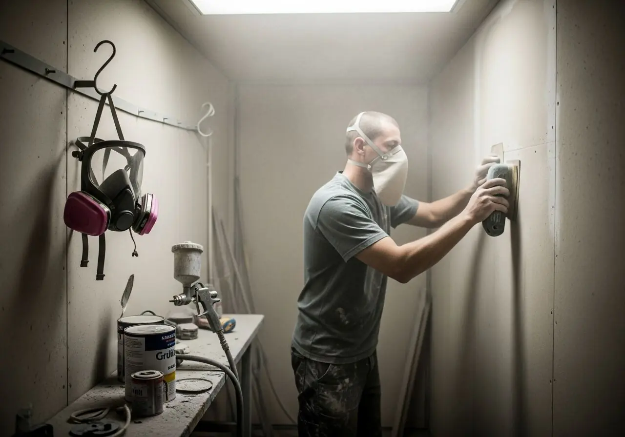 Worker sanding drywall in an enclosed dusty room wearing a loose disposable paper mask while a half-face P100 respirator hangs unused on a wall hook beside open paint containers — a respiratory protection gap