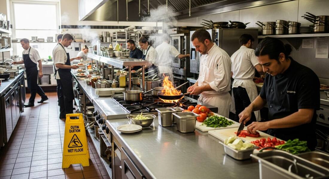 Restaurant kitchen line with a wet floor caution cone reviewed by AI from a photo