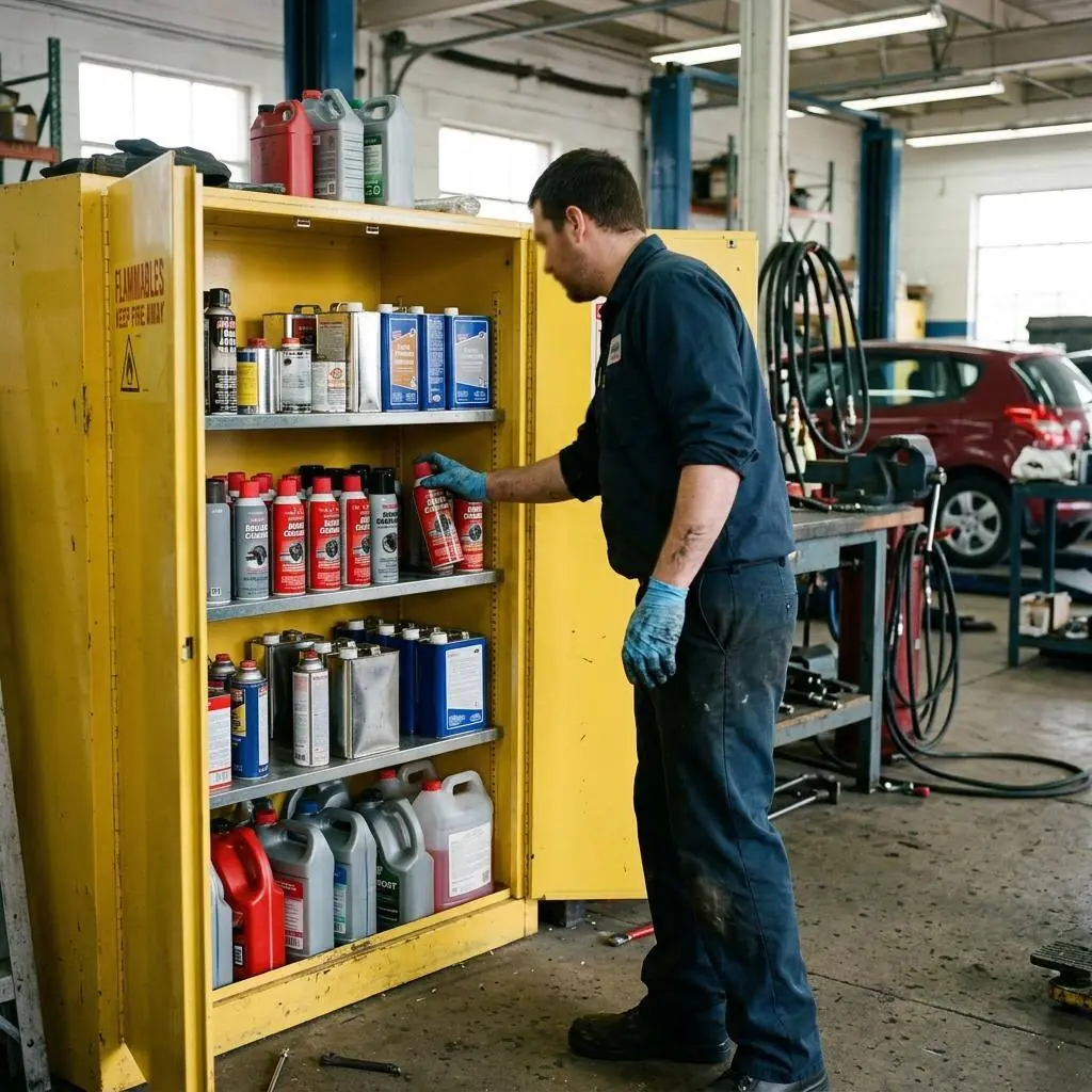 Auto body shop flammables cabinet and parts shelf lined with paint, thinner, brake cleaner, and degreaser cans, with a QR safety data sheet poster on the cabinet door