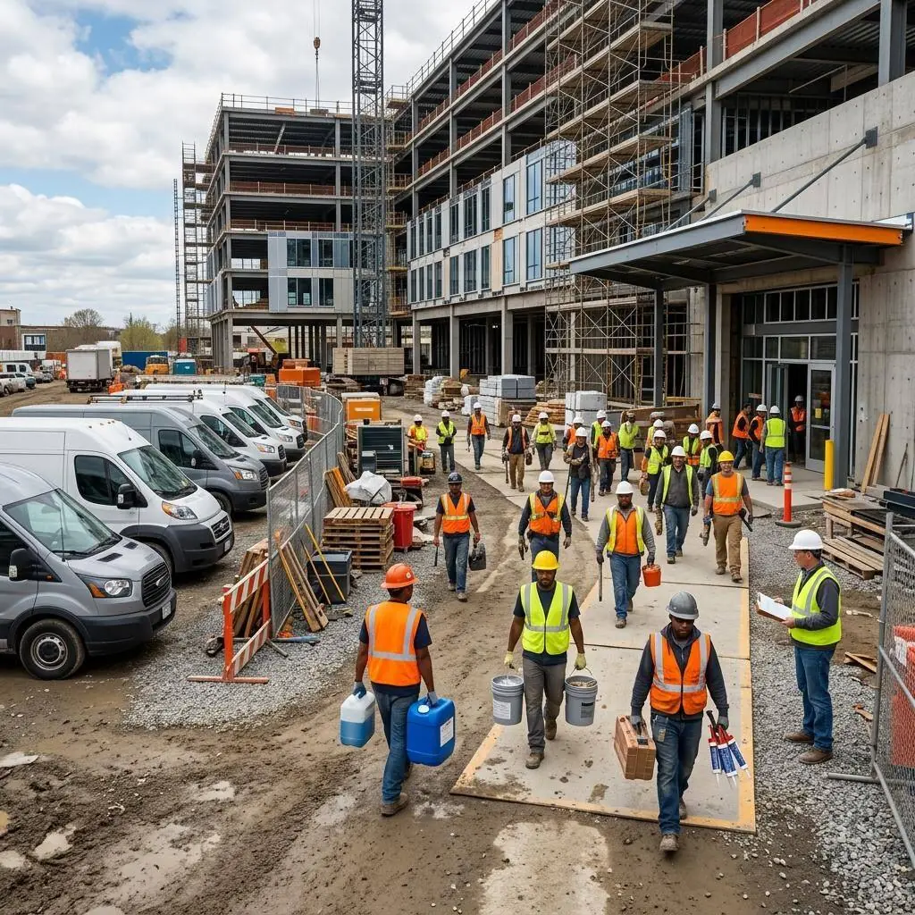 General contractor and subcontractor crews on a construction site with a shared storage trailer, staged chemical containers, and a wall-mounted QR safety poster