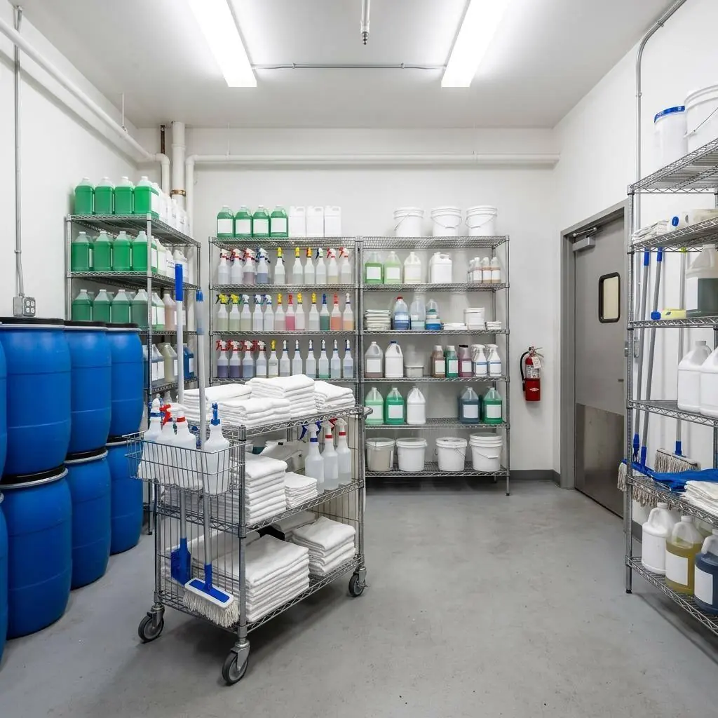 Hotel housekeeping cart and chemical closet with spray bottles, laundry chemicals, and a wall-mounted QR SDS poster