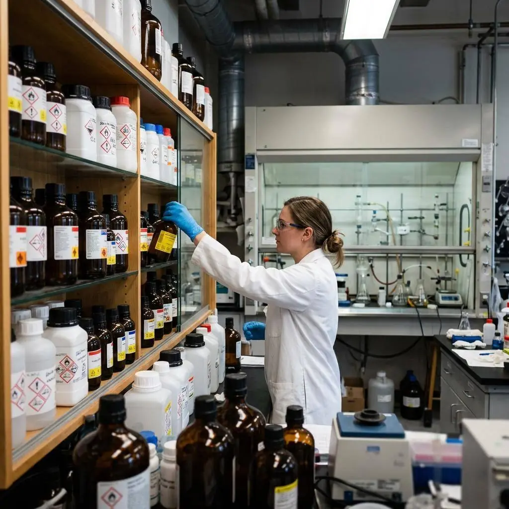 Laboratory reagent shelf with dozens of labeled chemical bottles and a wall-mounted QR SDS poster beside the storage cabinet