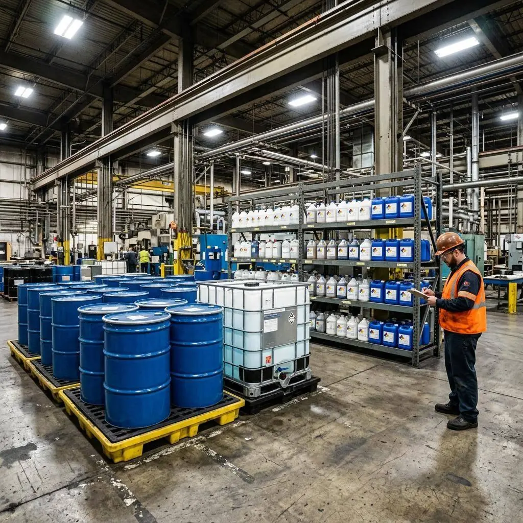 Manufacturing plant chemical storage area with labeled drums and totes across multiple departments, a wall-mounted QR SDS poster, and a technician scanning a product label with a phone