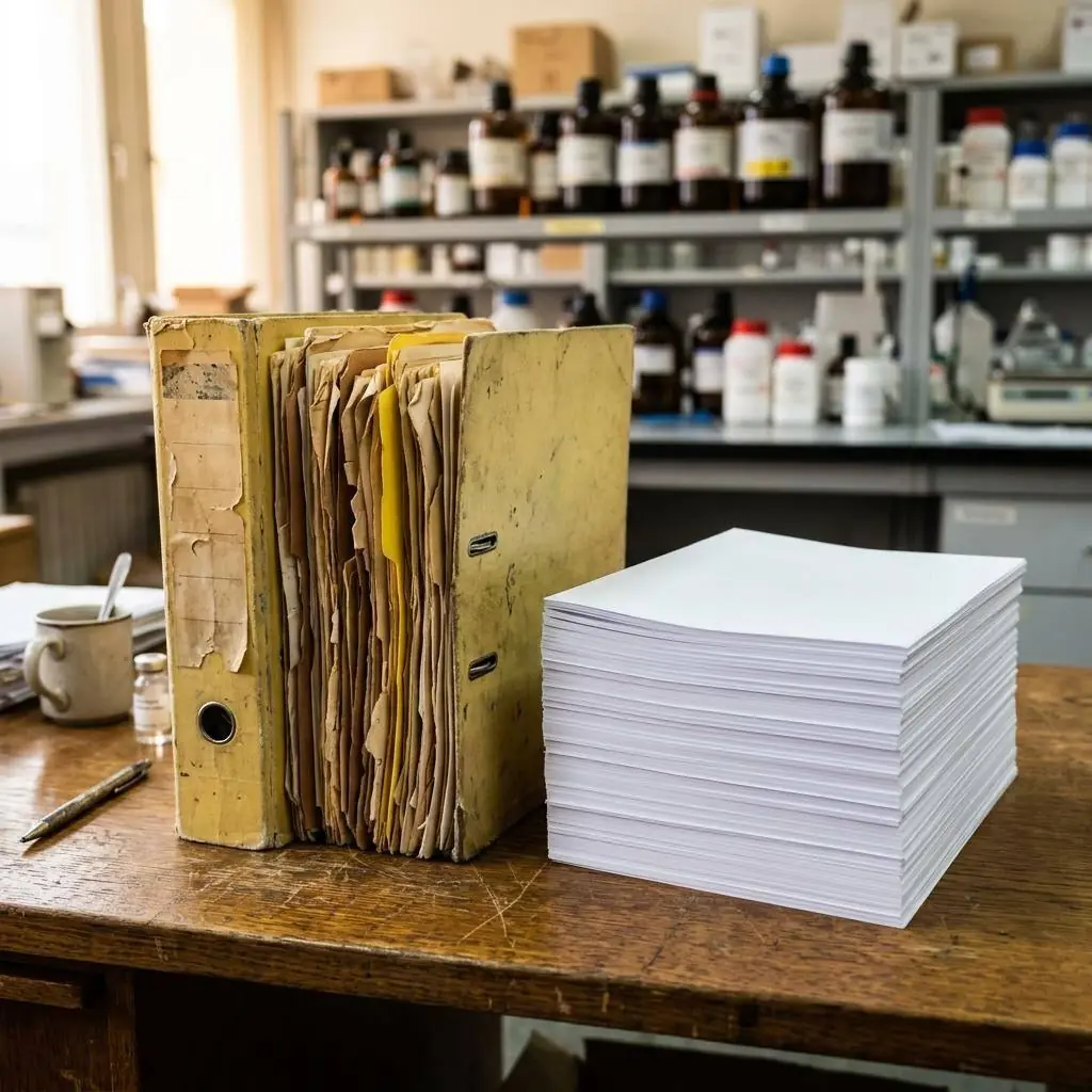 Old yellowed outdated SDS binder open on a shelf beside a current GHS-labeled container — flagged as an outdated SDS