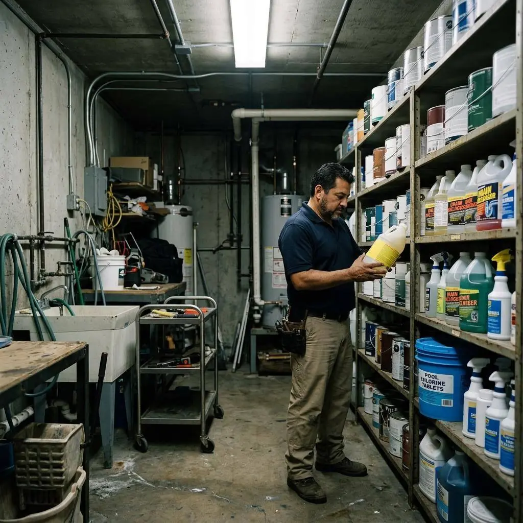 Apartment maintenance room with a shelf of cleaners, paints, and drain openers, a wall-mounted QR SDS poster, and a maintenance tech scanning a product label with a phone