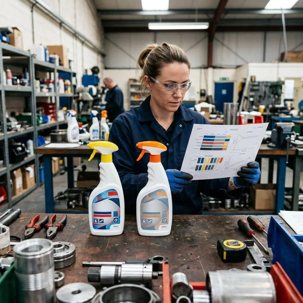 Two similar chemical bottles from the same brand family beside a safety data sheet, with the product names highlighted to show they don't match