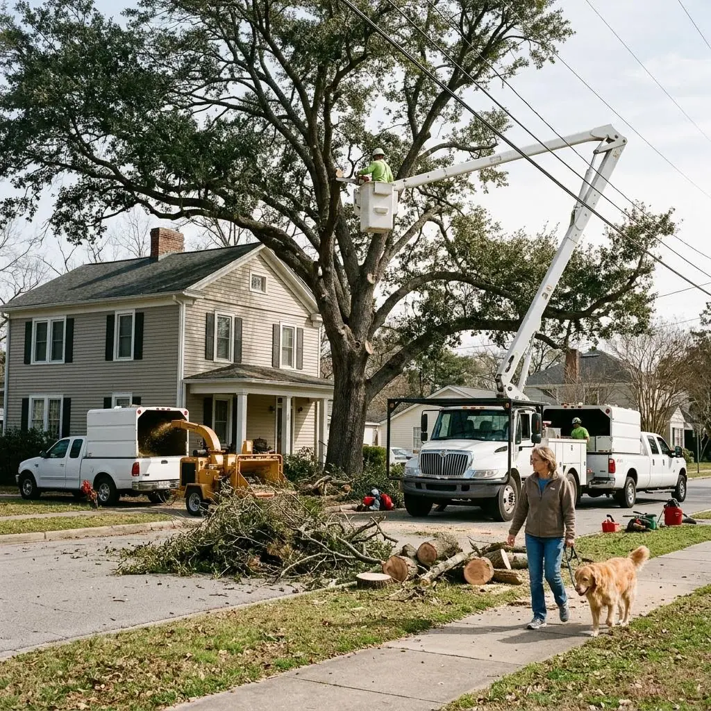 Tree service crew at a house with an aerial lift bucket raised near overhead power lines, a chipper, log rounds, and a person walking a dog on the sidewalk — checked by AI hazard detection