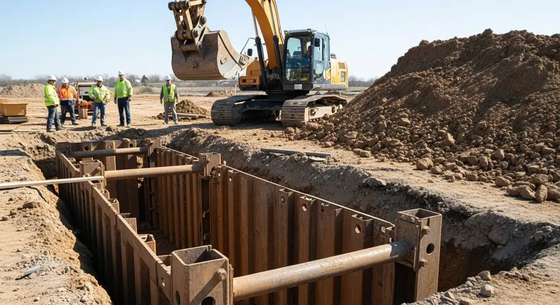 Open trench with a steel trench box and spoil pile at a street excavation