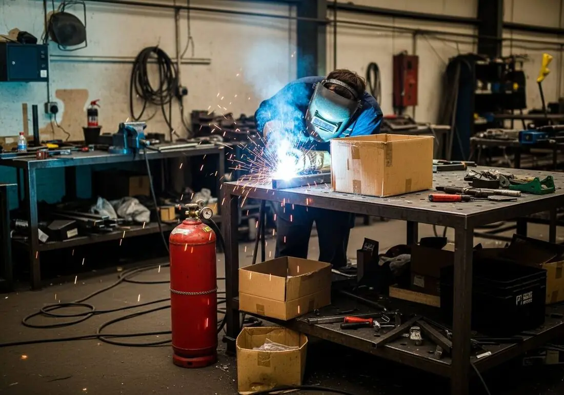 Welder performing hot work at a bench with cardboard boxes stacked beside the sparks and a gas cylinder standing nearby