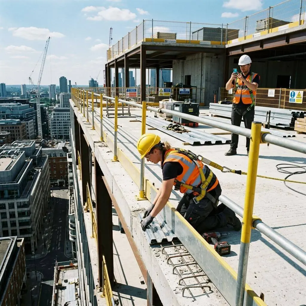 Worker on an elevated deck near an unguarded edge — the first step in preventing falls at height is spotting this edge