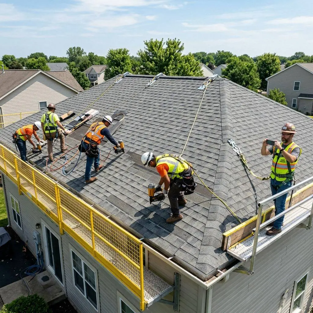 Roofing crew working near the edge of a sloped roof with an extension ladder at the eave, reviewed for fall-protection hazards