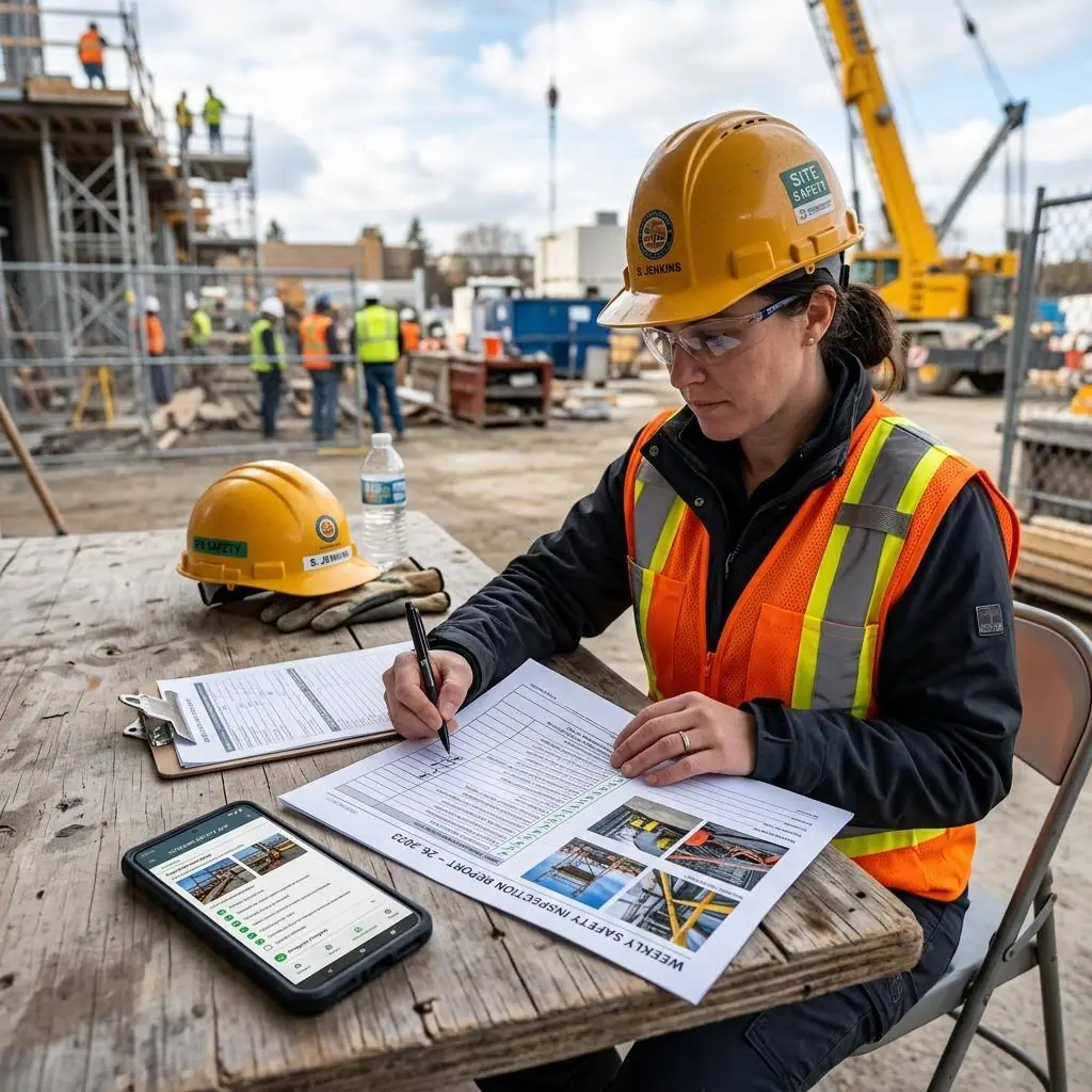 A safety manager reviewing a jobsite inspection report on a tablet beside a printed template with photos and corrective-action fields