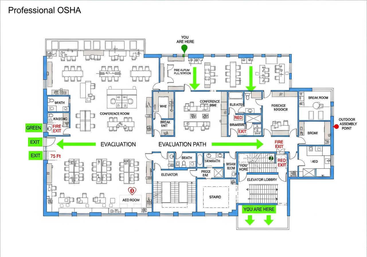 Sample Construction OSHA-compliant evacuation floor plan showing emergency exits, fire extinguisher locations, and assembly points