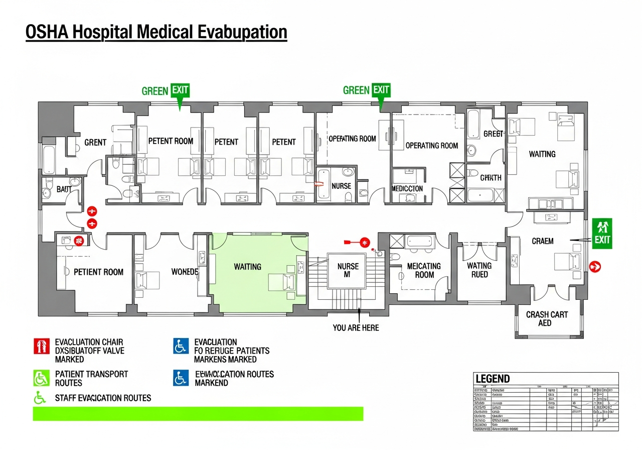 Healthcare OSHA Compliance - AI-generated OSHA-compliant evacuation map with emergency exits and fire safety equipment