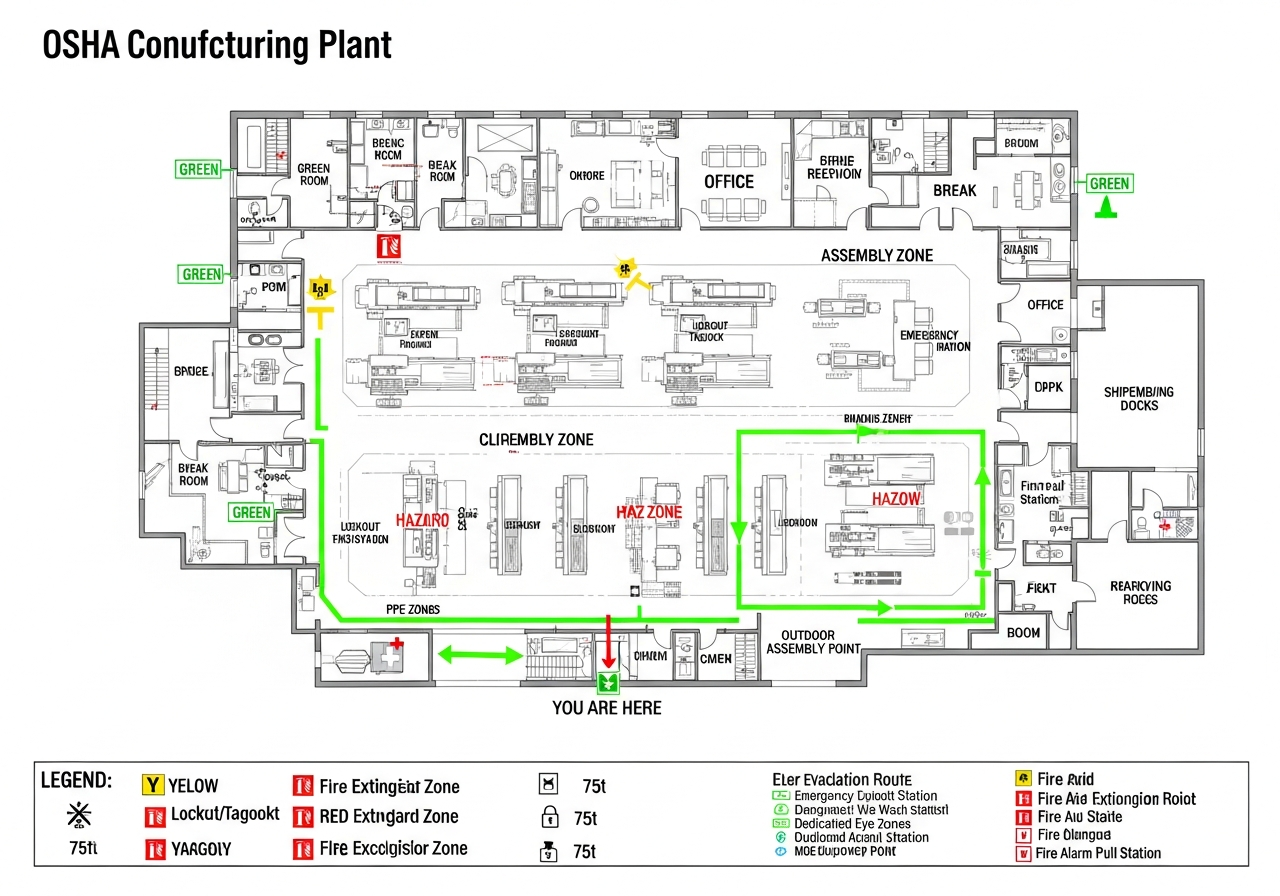 Manufacturing OSHA Map - AI-generated OSHA-compliant evacuation map with emergency exits and fire safety equipment