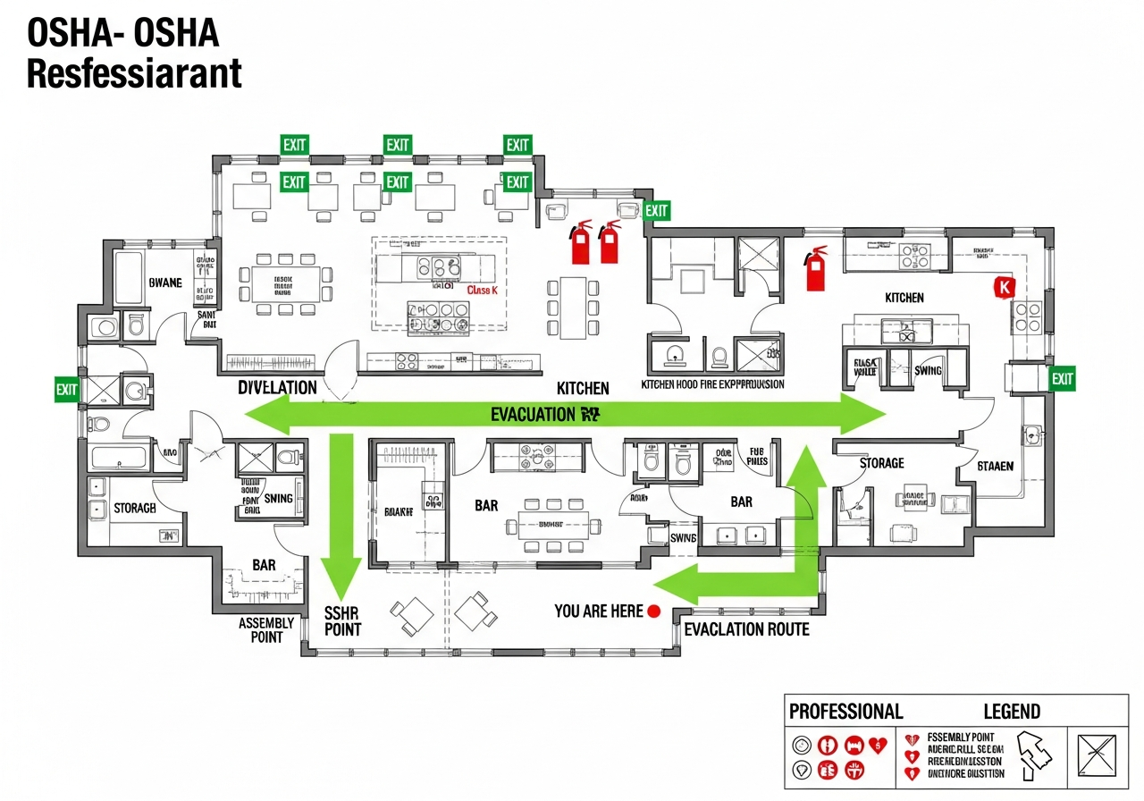 Restaurant Fire Escape - AI-generated OSHA-compliant evacuation map with emergency exits and fire safety equipment