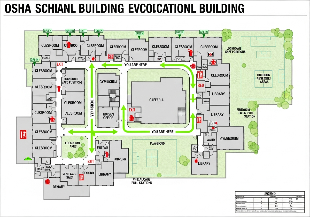 School Evacuation Plan - AI-generated OSHA-compliant evacuation map with emergency exits and fire safety equipment