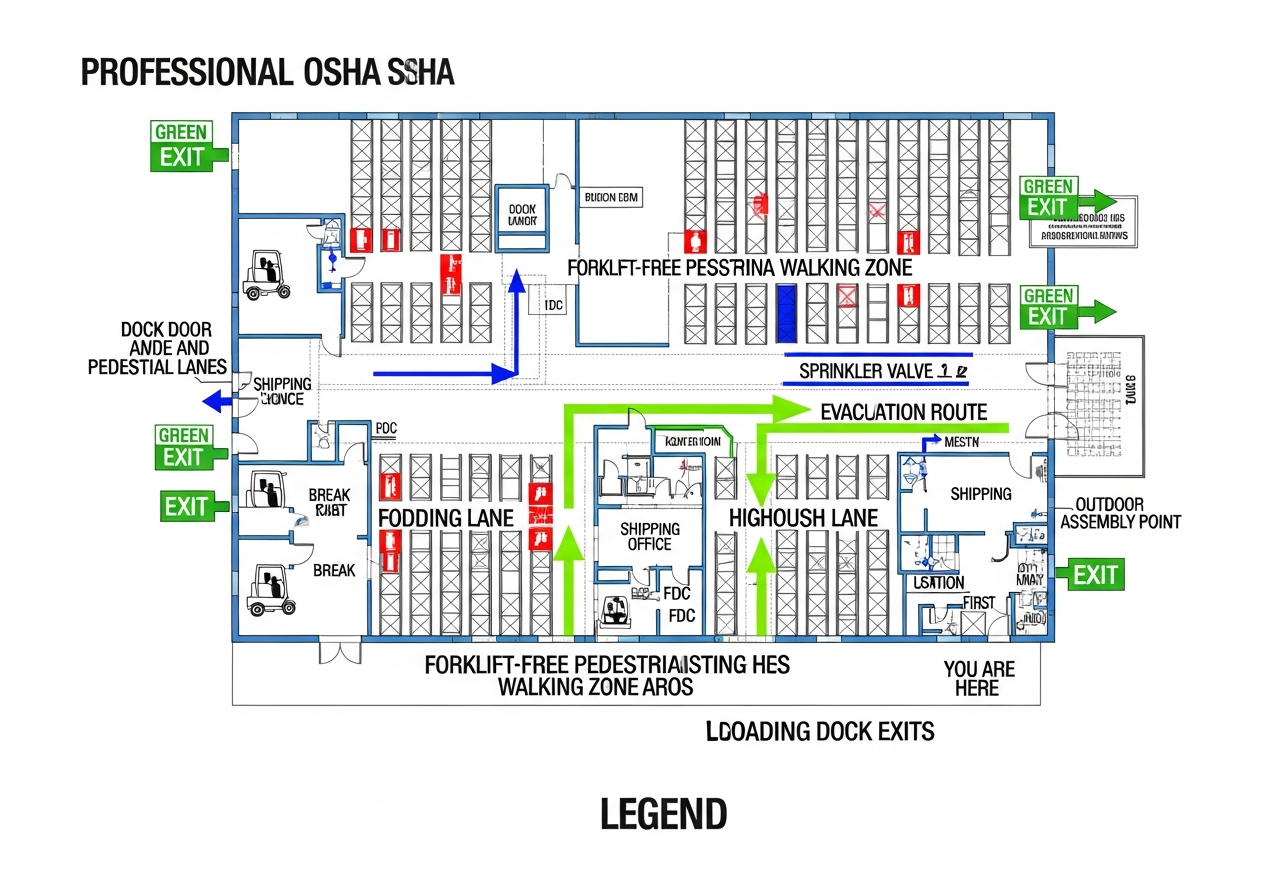 Warehouse Fire Safety - AI-generated OSHA-compliant evacuation map with emergency exits and fire safety equipment
