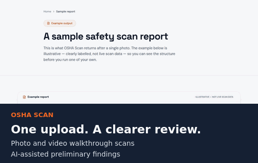 Animated overview of the OSHA Scan platform showing photo uploads, hazard identification, and compliance reports.