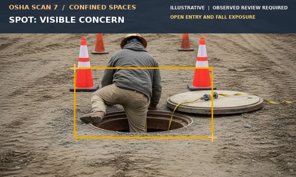 Animation showing an open manhole entry and surrounding access conditions visible for review